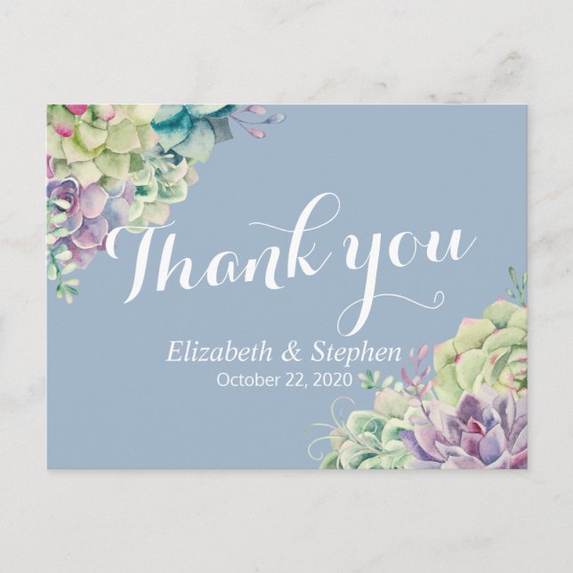 Wedding Thank You Chic Watercolor Succulent Plants Postcard (Front)