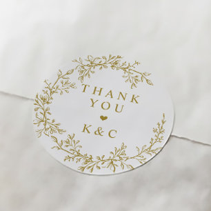 Wedding Thank You Elegant Vintage Gold Greenery Classic Round Sticker