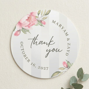 Wedding Thank You Favour   Blush Peony Grey Stripe Classic Round Sticker