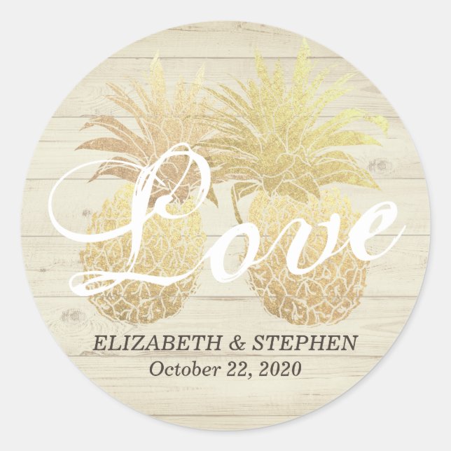 Wedding Thank You Favour Gold Pineapple Rustic Woo Classic Round Sticker (Front)
