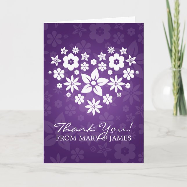 Wedding "Thank you" Flowery Heart Purple Thank You Card (Front)