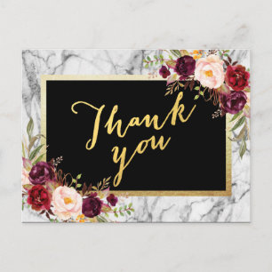 Wedding Thank You Gold Burgundy Floral Marble Postcard