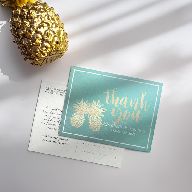 Wedding Thank You Gold Pineapple Couple Teal Roses Postcard (Creator Uploaded)