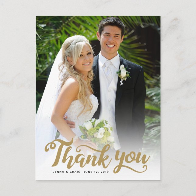 Wedding Thank You | Gold Script Over Photo Postcard (Front)