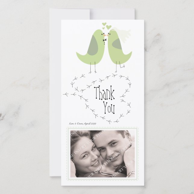 Wedding Thank You Green Love Birds Photo Card (Front)