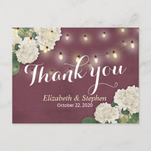 Wedding Thank You Hydrangea String Lights Burgundy Postcard