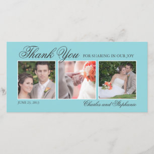 Wedding Thank You in Blue Three Photo Card