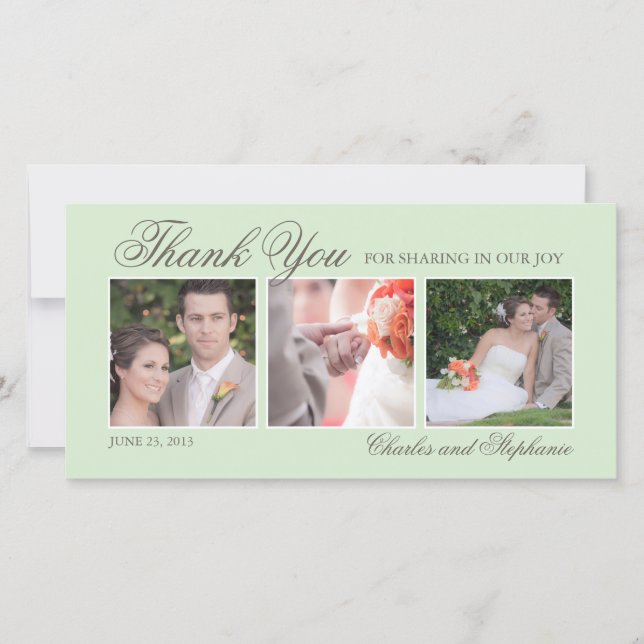 Wedding Thank You in Mint Three Photo Card (Front)