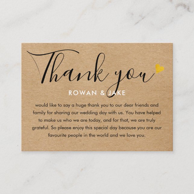 Wedding Thank You Kraft Gold Heart Chic Script Place Card (Front)
