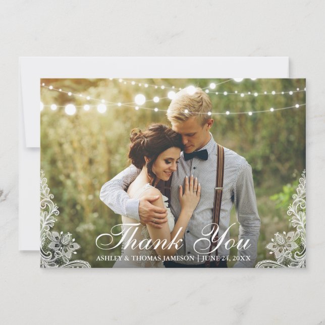Wedding Thank You Lace and String Lights Photo Card (Front)