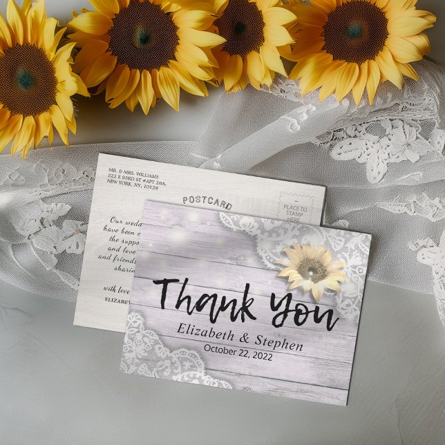Wedding Thank You Lace Sunflower Rustic Wood Light Postcard (Creator Uploaded)