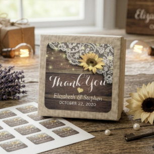 Wedding Thank You Lace Sunflower Rustic Wood Light Square Sticker