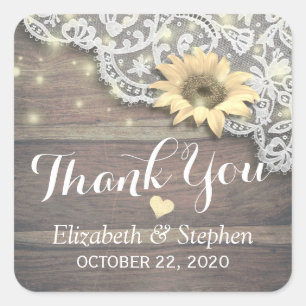 Wedding Thank You Lace Sunflower Rustic Wood Light Square Sticker