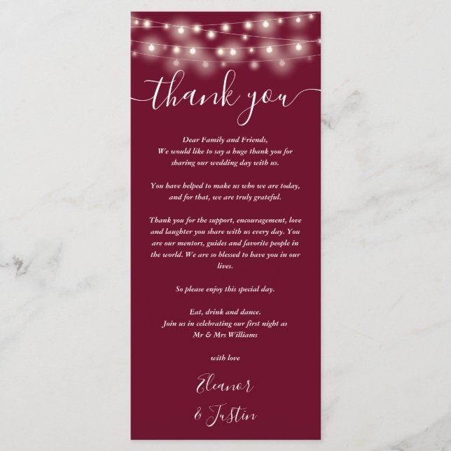 Wedding Thank You Lights Burgundy Place Card (Front)