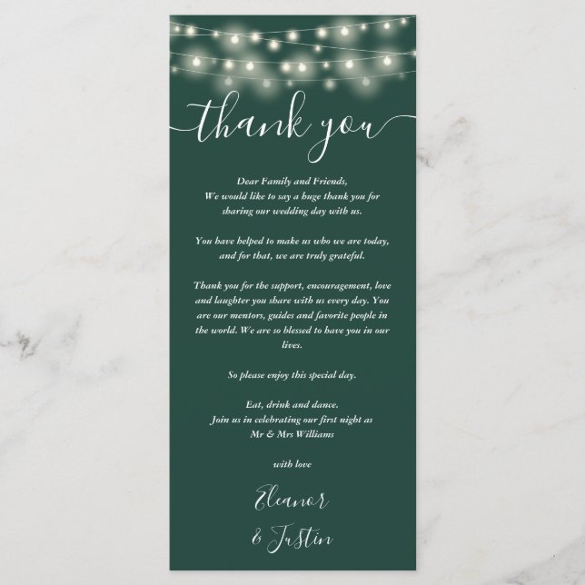 Wedding Thank You Lights Emerald Green Place Card (Front)