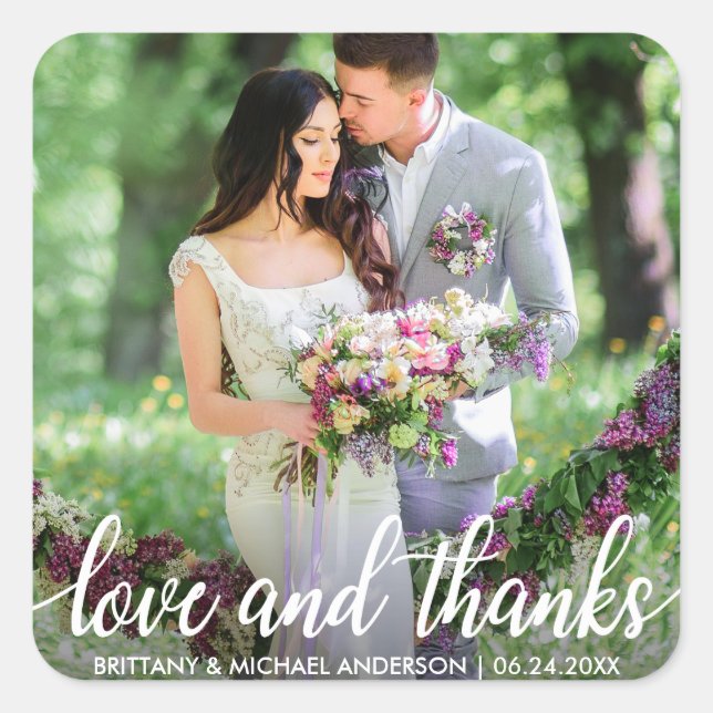 Wedding Thank You Love and Thanks Photo Square Sticker (Front)