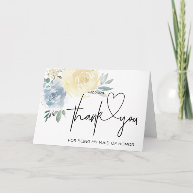 Wedding Thank You Maid of Honor Blue Floral Card (Front)