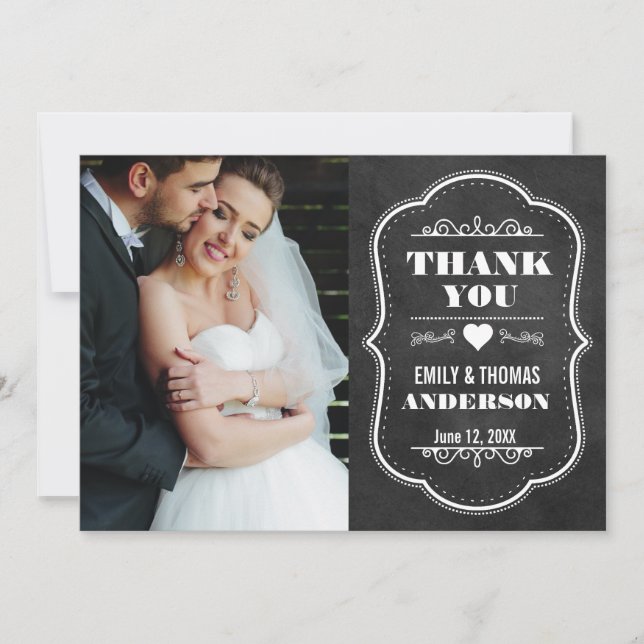 Wedding Thank You Modern Chalkboard Photo Card BW (Front)