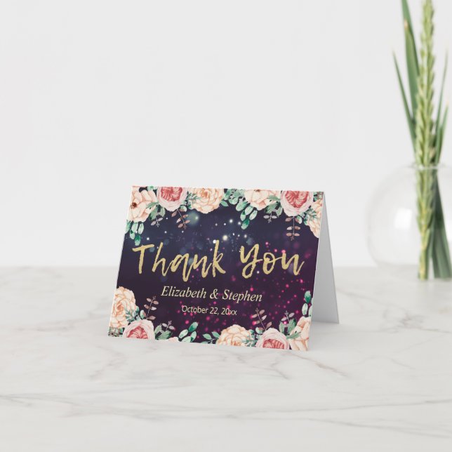Wedding Thank You Modern Floral Purple Gold Script Card (Front)