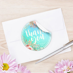 Wedding Thank You Modern Pink Floral Teal Gold Dot Classic Round Sticker
