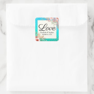Wedding Thank You Modern Pink Floral Teal Gold Dot Square Sticker