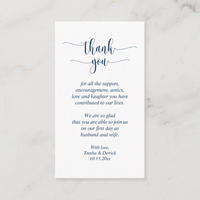 Wedding Thank you, Modern Script, Classy Navy Blue Enclosure Card (Front)