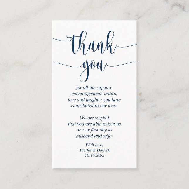 Wedding Thank you, Modern Script, Classy Navy Blue Enclosure Card (Front)