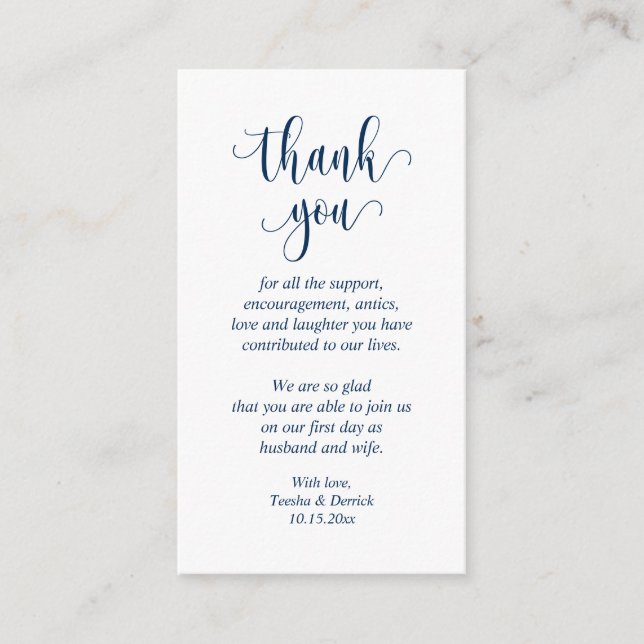 Wedding Thank you, Modern Script, Classy Navy Blue Enclosure Card (Front)