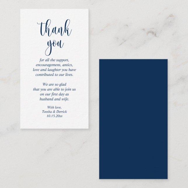 Wedding Thank you, Modern Script, Classy Navy Blue Enclosure Card (Front/Back)