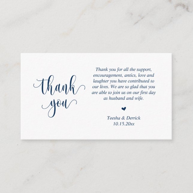 Wedding Thank you, Modern Script, Classy Navy Blue Enclosure Card (Front)