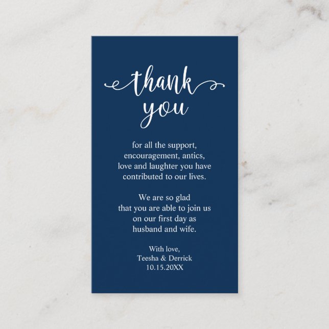 Wedding Thank you, Modern Simple Rustic Navy Blue Enclosure Card (Front)