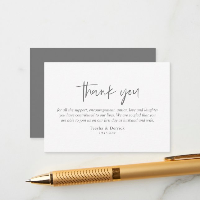Wedding Thank you, Modern Simple Script Dark Grey Enclosure Card (Front/Back In Situ)