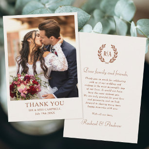 Wedding Thank You Monogram Photo Terracotta Cream Card