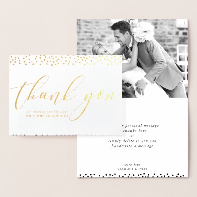 WEDDING THANK YOU newlywed photo elegant script Foil Card (Display)