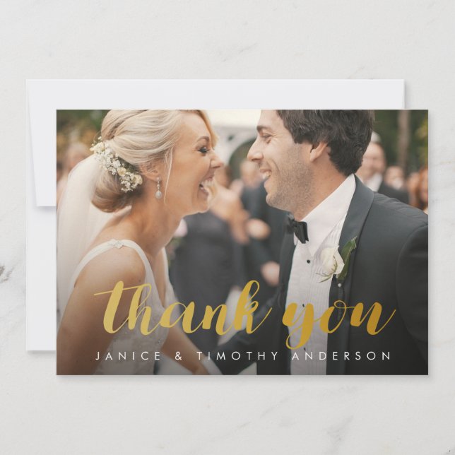 Wedding Thank you Photo bride groom gold faux foil Card (Front)