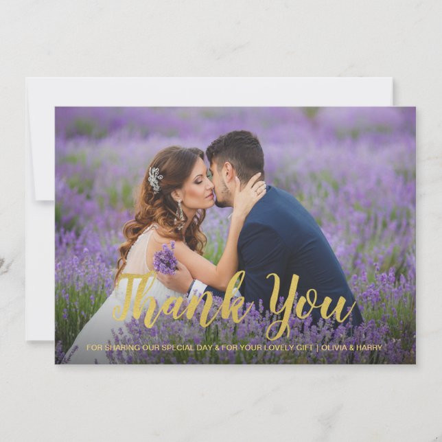 Wedding Thank You Photo Card | Gold Script (Front)