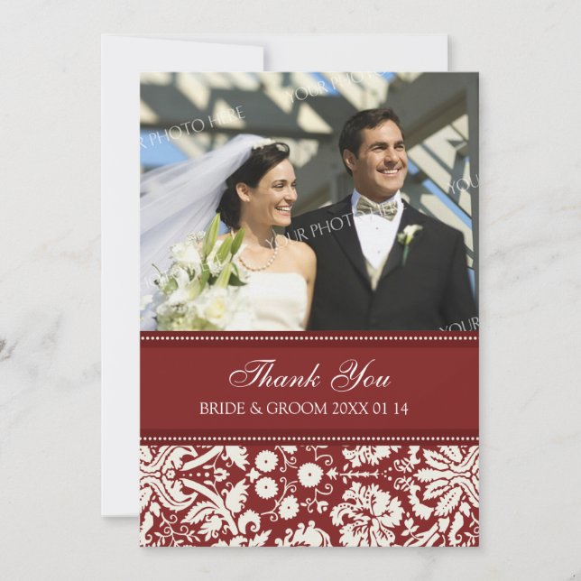 Wedding Thank You Photo Cards Red Damask (Front)