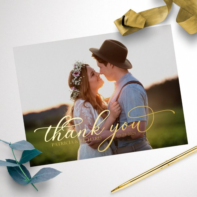 Wedding Thank You Photo Chic Calligraphy Foil Holiday Postcard (Creator Uploaded)