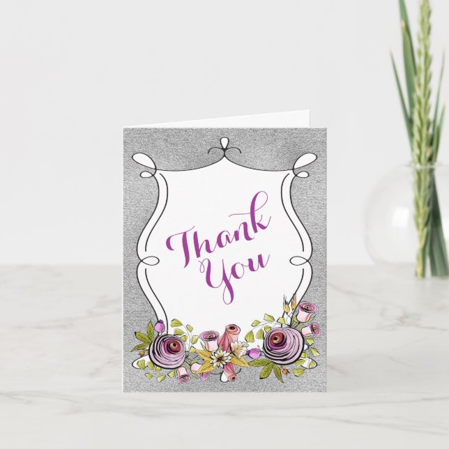 Wedding Thank You | Plum Florals, FAUX Silver Foil Card (Front)
