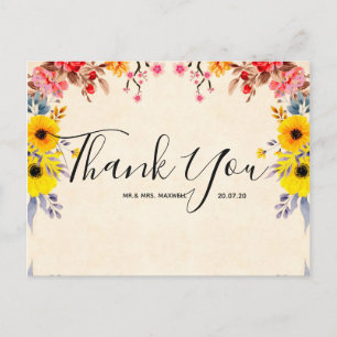 Wedding Thank You Romantic Floral Script Postcard
