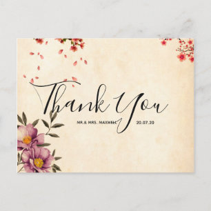 Wedding Thank You Romantic Floral Script Postcard