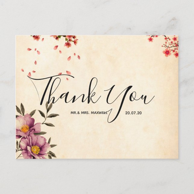 Wedding Thank You Romantic Floral Script Postcard (Front)