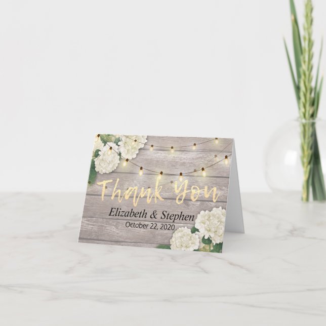 Wedding Thank You Rustic Wood Floral String Lights Card (Front)