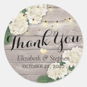 Wedding Thank You Rustic Wood Floral String Lights Classic Round Sticker