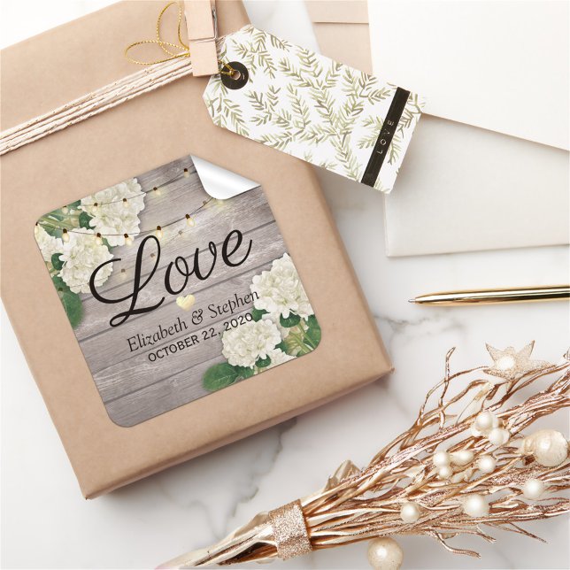 Wedding Thank You Rustic Wood Floral String Lights Square Sticker (Creator Uploaded)