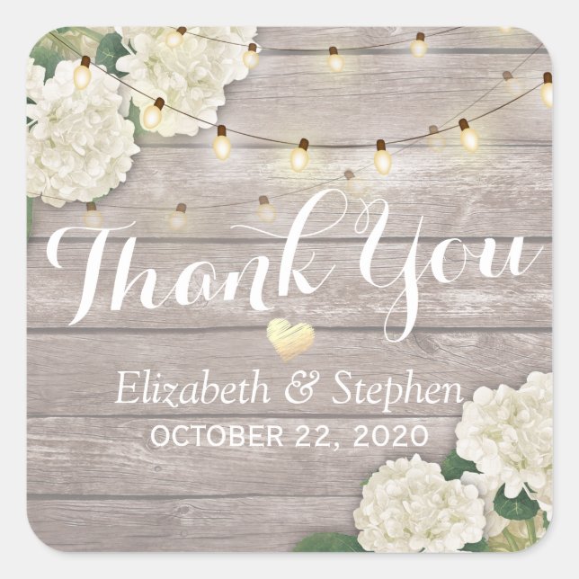 Wedding Thank You Rustic Wood Floral String Lights Square Sticker (Front)