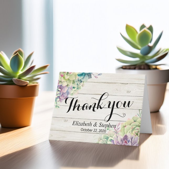 Wedding Thank You Succulent Plants Rustic Wood Card (Creator Uploaded)