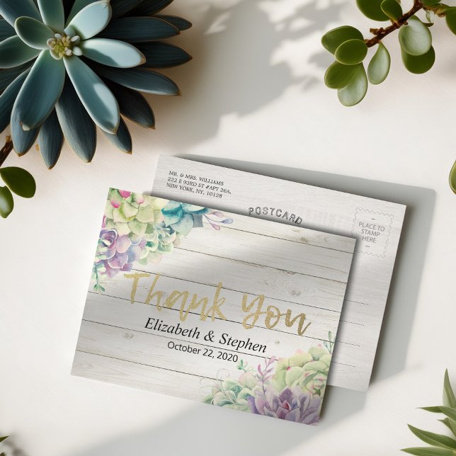 Wedding Thank You Succulent Plants Rustic Wood Postcard (Creator Uploaded)