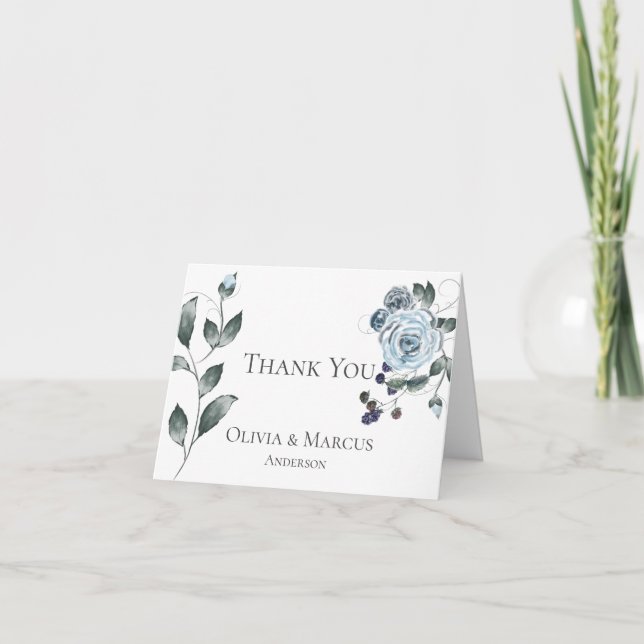 Wedding Thank You  |  Watercolor Dusty Blue Floral Card (Front)