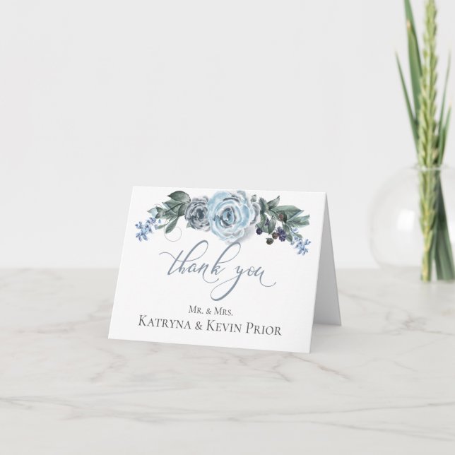 Wedding Thank You  |  Watercolor Dusty Blue Rose Card (Front)
